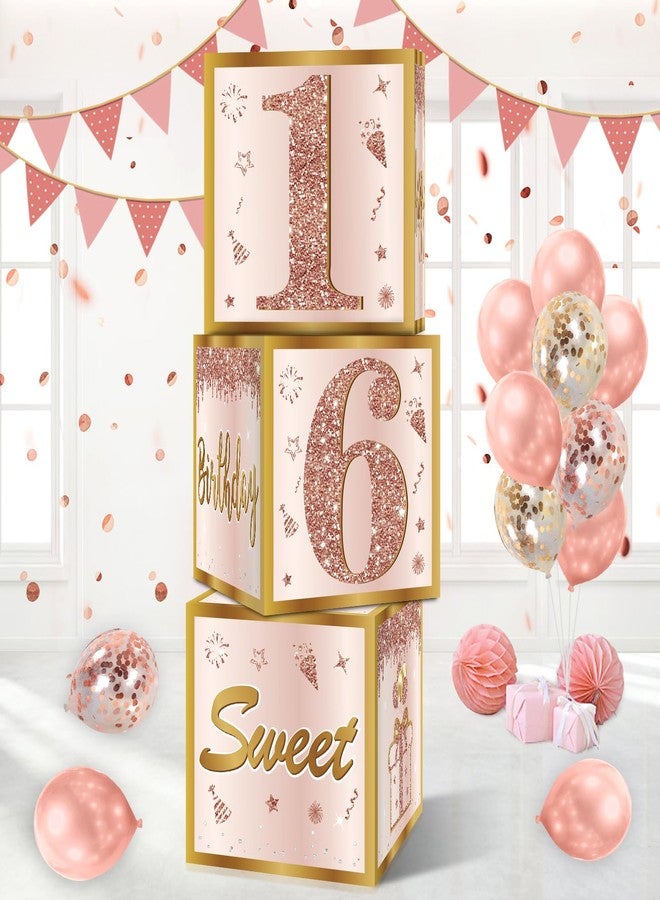 Guiruiy 3Pcs Sweet 16 Party Decorations Boxes for Girls Women, Pink Rose Gold 16th Birthday Balloons Boxes Party Supplies, Pink Sweet Sixteen Bday Theme Cardboard Box Decor - Image 1